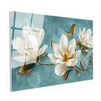 Tamperli Gerçek Cam Tablo Turkuaz Eskitme Zemin Beyaz Manolya Çiçek Tablosu Duvar Dekoru