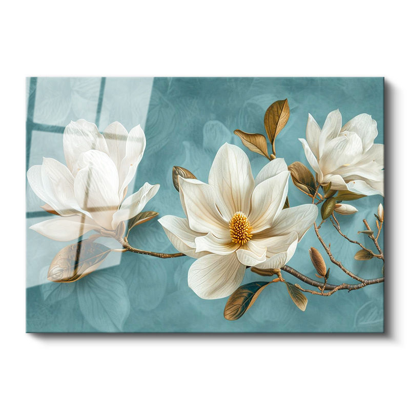 Tamperli Gerçek Cam Tablo Turkuaz Eskitme Zemin Beyaz Manolya Çiçek Tablosu Duvar Dekoru