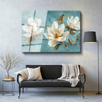 Tamperli Gerçek Cam Tablo Turkuaz Eskitme Zemin Beyaz Manolya Çiçek Tablosu Duvar Dekoru