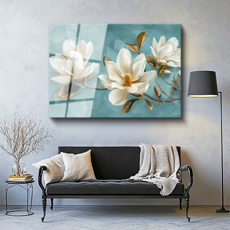 Tamperli Gerçek Cam Tablo Turkuaz Eskitme Zemin Beyaz Manolya Çiçek Tablosu Duvar Dekoru
