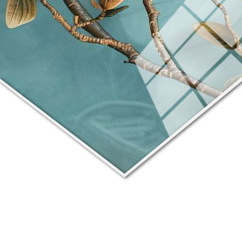 Tamperli Gerçek Cam Tablo Turkuaz Eskitme Zemin Beyaz Manolya Çiçek Tablosu Duvar Dekoru