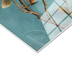 Tamperli Gerçek Cam Tablo Turkuaz Eskitme Zemin Beyaz Manolya Çiçek Tablosu Duvar Dekoru