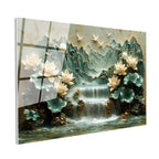 Tamperli Gerçek Cam Tablo Şelaleli Dağ Nilüfer Bahçesi Çiçek Tablosu Duvar Dekoru