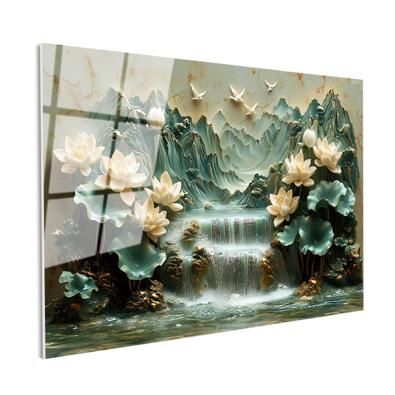 Tamperli Gerçek Cam Tablo Şelaleli Dağ Nilüfer Bahçesi Çiçek Tablosu Duvar Dekoru
