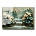 Tamperli Gerçek Cam Tablo Şelaleli Dağ Nilüfer Bahçesi Çiçek Tablosu Duvar Dekoru