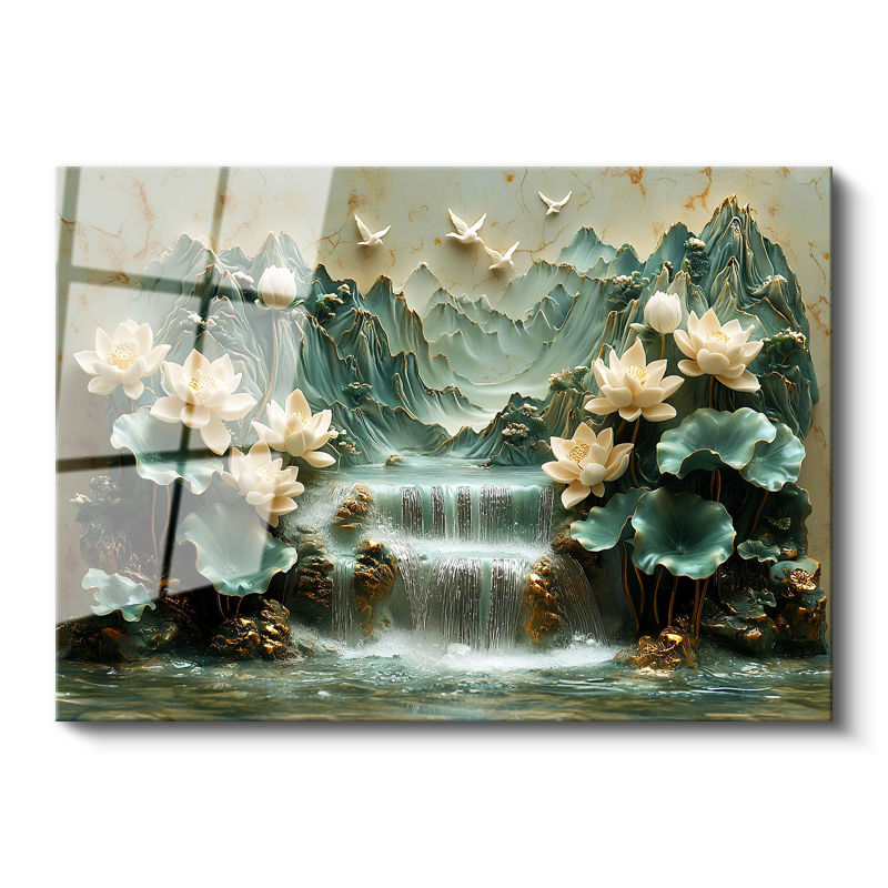 Tamperli Gerçek Cam Tablo Şelaleli Dağ Nilüfer Bahçesi Çiçek Tablosu Duvar Dekoru