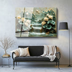 Tamperli Gerçek Cam Tablo Şelaleli Dağ Nilüfer Bahçesi Çiçek Tablosu Duvar Dekoru