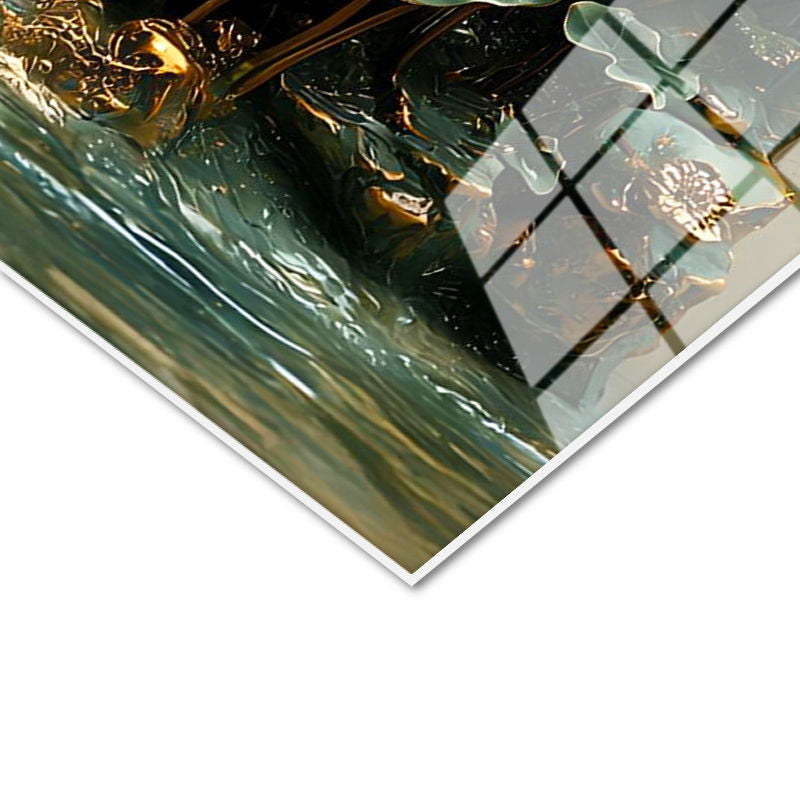 Tamperli Gerçek Cam Tablo Şelaleli Dağ Nilüfer Bahçesi Çiçek Tablosu Duvar Dekoru