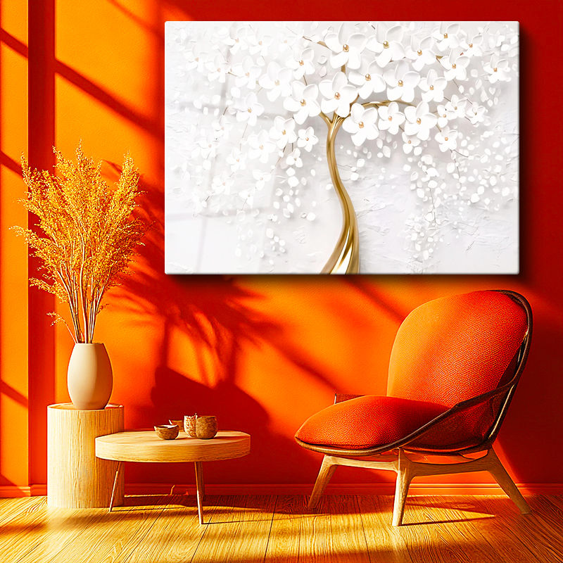 Tamperli Gerçek Cam Tablo İnce Gövdeli Çiçek Açmış Ağaç Çiçek Tablosu Duvar Dekoru