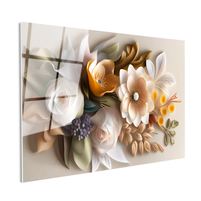 Tamperli Gerçek Cam Tablo Karışık Bahar Buketi Aranjmanı Çiçek Tablosu Duvar Dekoru