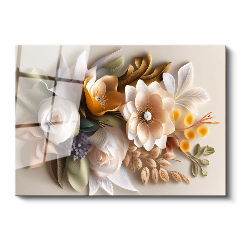 Tamperli Gerçek Cam Tablo Karışık Bahar Buketi Aranjmanı Çiçek Tablosu Duvar Dekoru