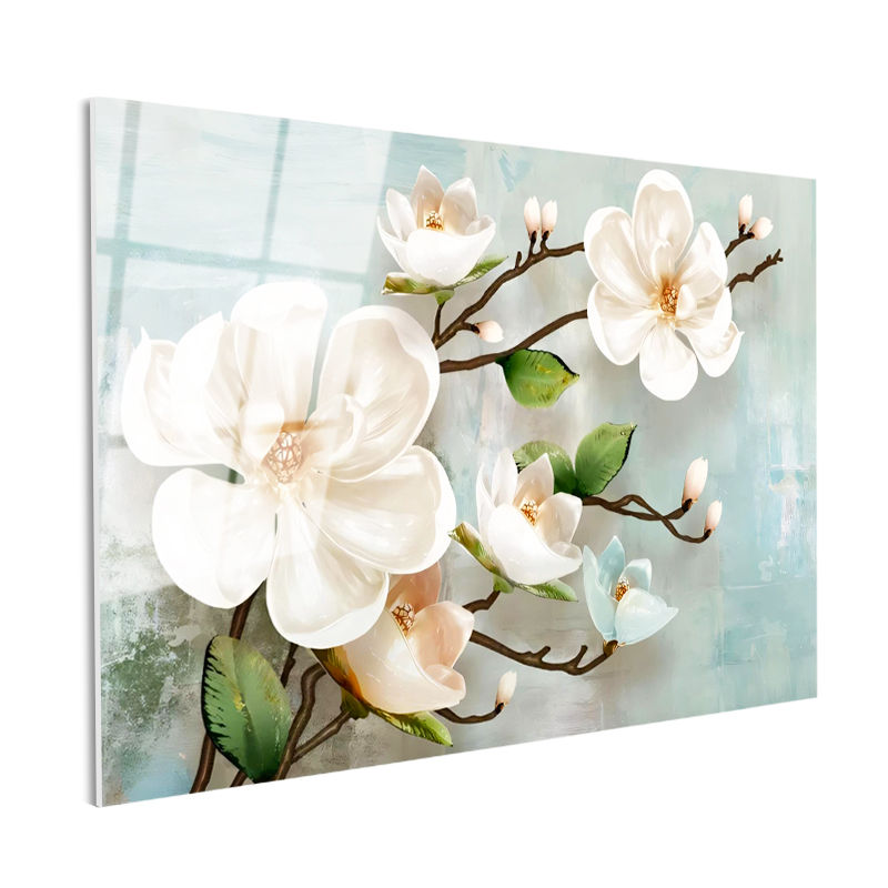 Tamperli Gerçek Cam Tablo Dalında Estetik Manolya Çiçekleri Çiçek Tablosu Duvar Dekoru
