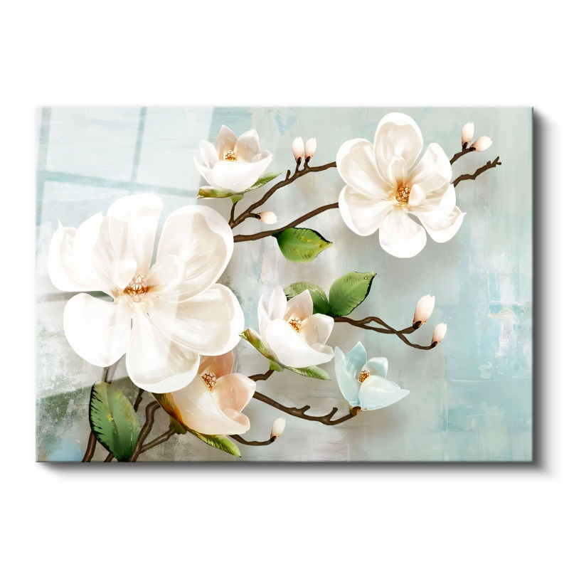 Tamperli Gerçek Cam Tablo Dalında Estetik Manolya Çiçekleri Çiçek Tablosu Duvar Dekoru