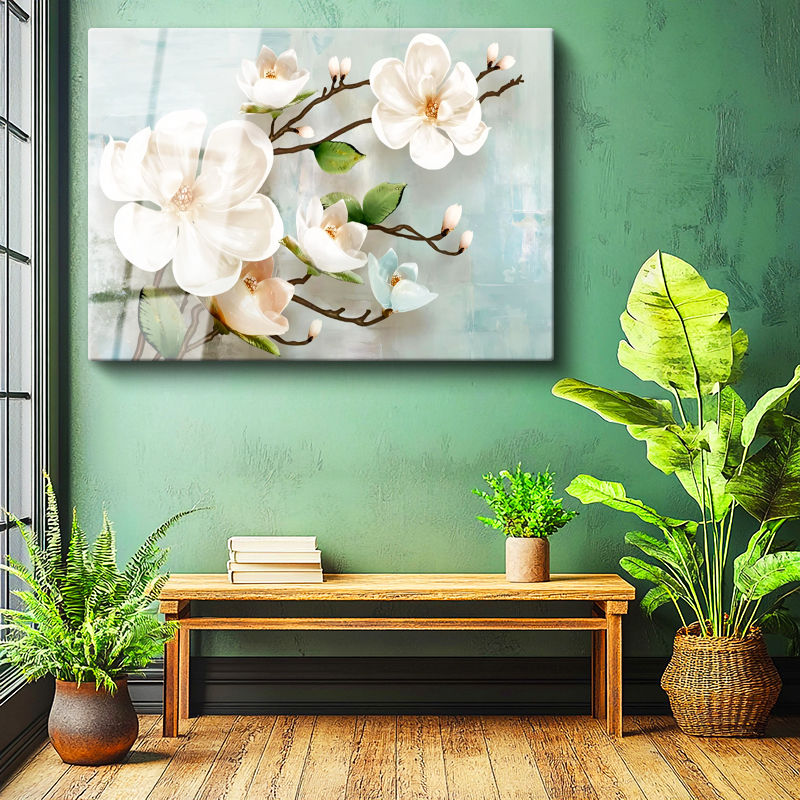 Tamperli Gerçek Cam Tablo Dalında Estetik Manolya Çiçekleri Çiçek Tablosu Duvar Dekoru