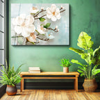 Tamperli Gerçek Cam Tablo Dalında Estetik Manolya Çiçekleri Çiçek Tablosu Duvar Dekoru