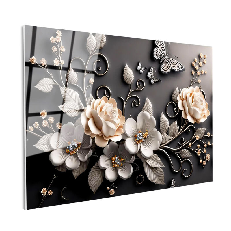 Tamperli Gerçek Cam Tablo Kelebekli Güller Çiçek Tablosu Duvar Dekoru