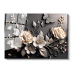 Tamperli Gerçek Cam Tablo Kelebekli Güller Çiçek Tablosu Duvar Dekoru