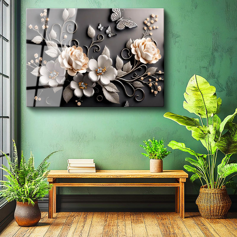 Tamperli Gerçek Cam Tablo Kelebekli Güller Çiçek Tablosu Duvar Dekoru