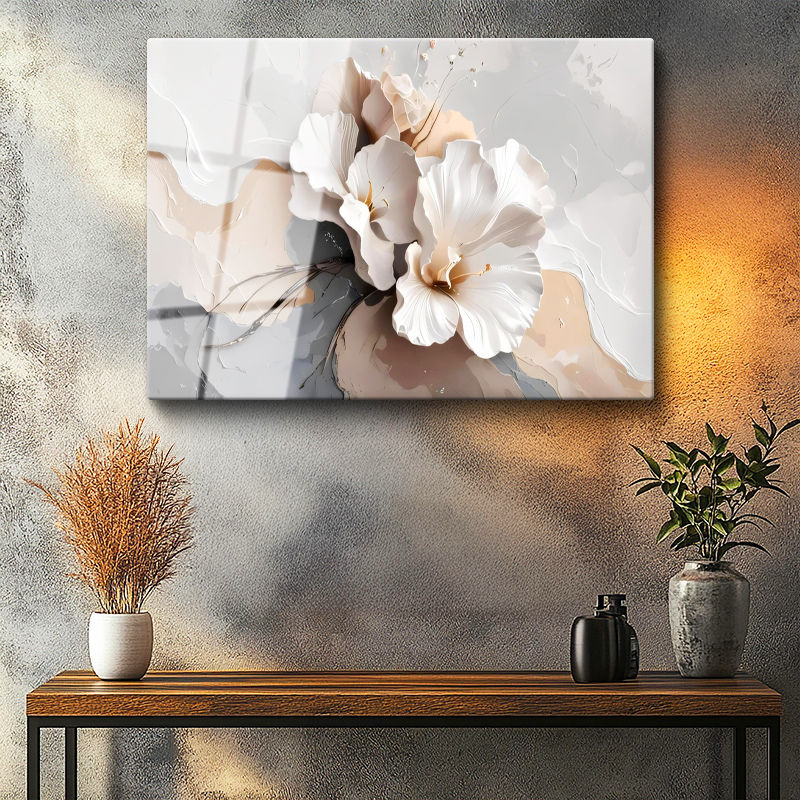 Tamperli Gerçek Cam Tablo Narin Taç Yapraklar Çiçek Tablosu Duvar Dekoru