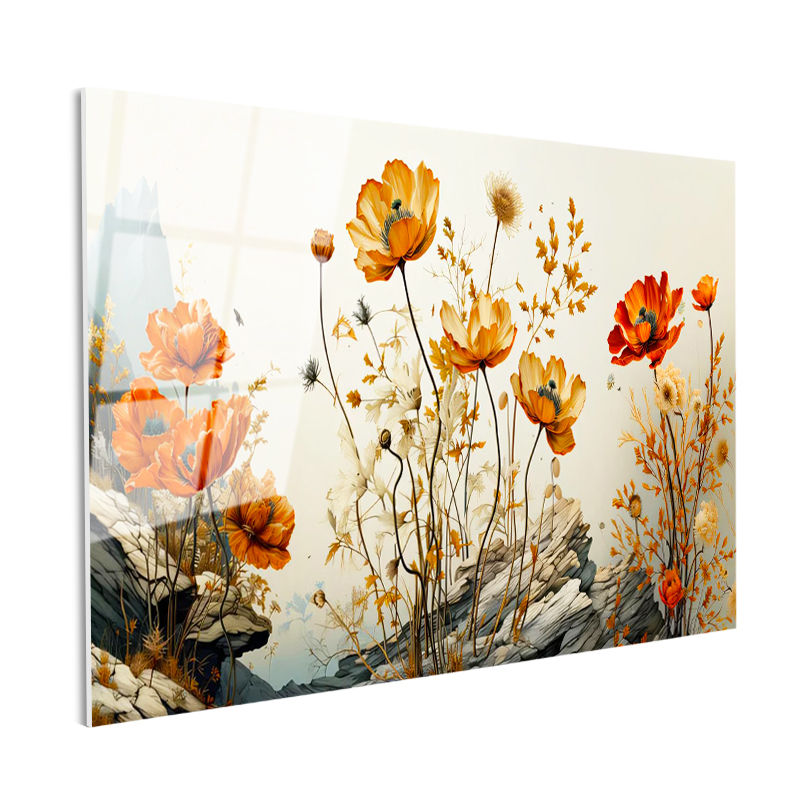 Tamperli Gerçek Cam Tablo Kayalık Bahçe Gelincikleri Çiçek Tablosu Duvar Dekoru