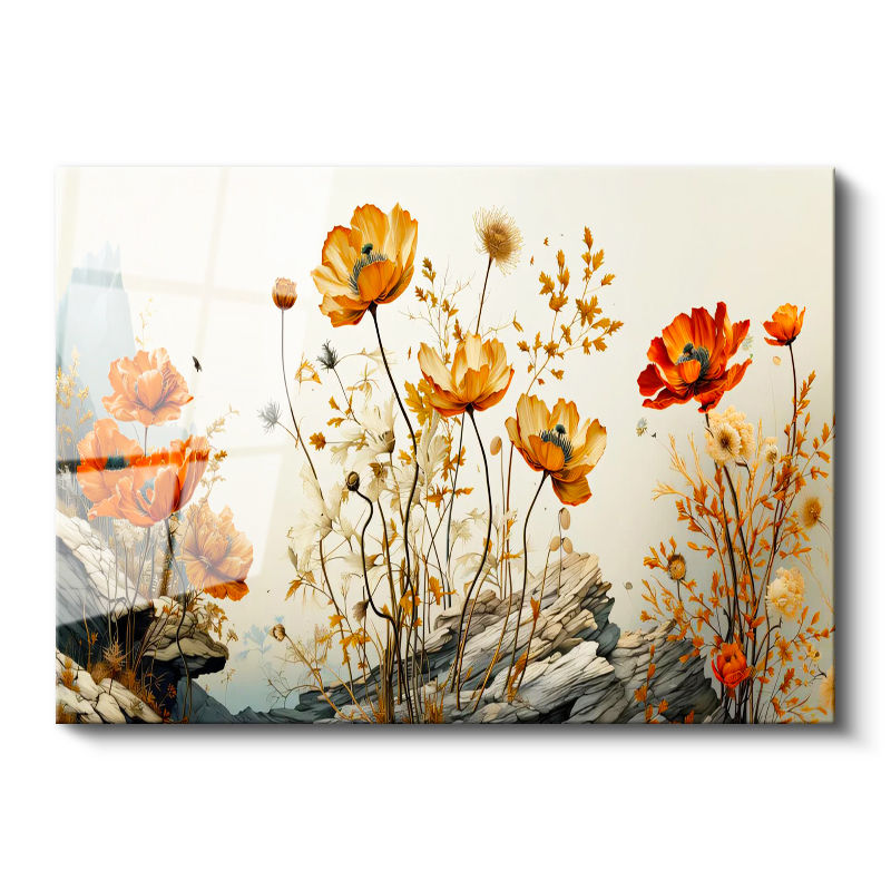 Tamperli Gerçek Cam Tablo Kayalık Bahçe Gelincikleri Çiçek Tablosu Duvar Dekoru