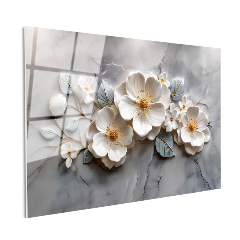 Tamperli Gerçek Cam Tablo Kabartma Görünümlü Zarif Çiçekler Çiçek Tablosu Duvar Dekoru