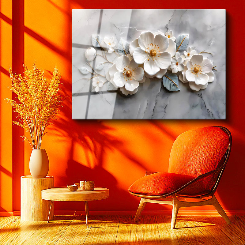 Tamperli Gerçek Cam Tablo Kabartma Görünümlü Zarif Çiçekler Çiçek Tablosu Duvar Dekoru