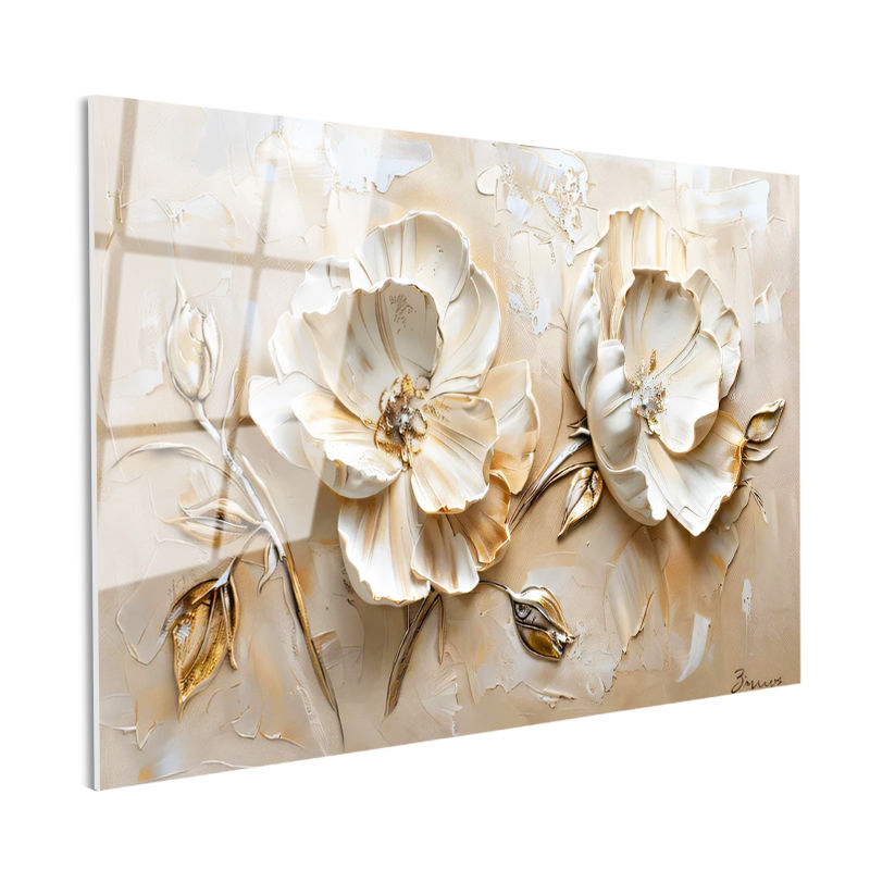 Tamperli Gerçek Cam Tablo Kabartma Görünümlü Gül Çiçek Tablosu Duvar Dekoru