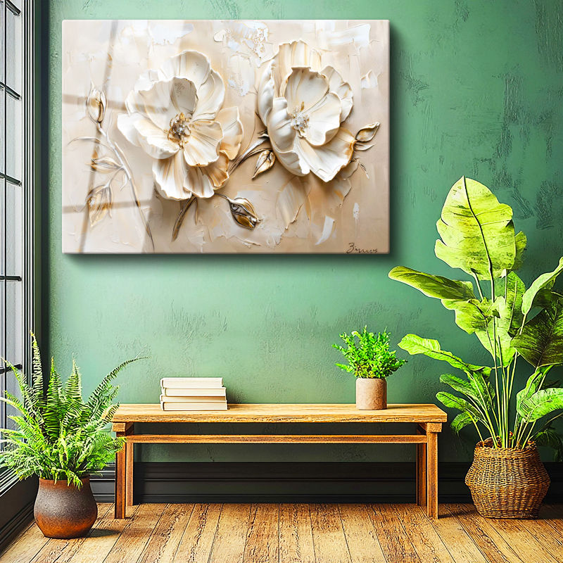 Tamperli Gerçek Cam Tablo Kabartma Görünümlü Gül Çiçek Tablosu Duvar Dekoru