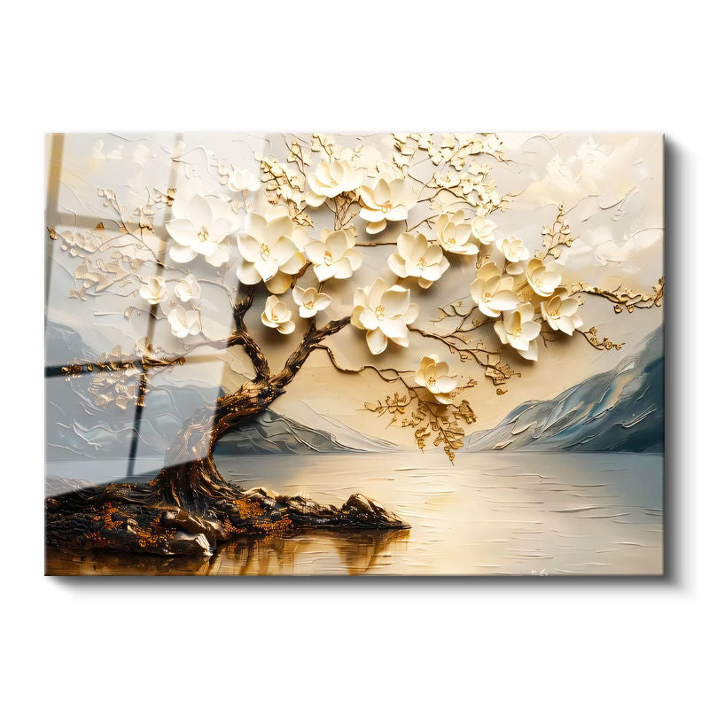 Tamperli Gerçek Cam Tablo Manolya Ağacı Manzaralı Çiçek Tablosu Duvar Dekoru