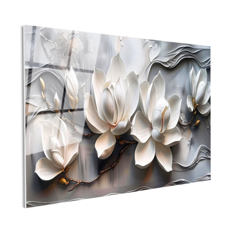 Tamperli Gerçek Cam Tablo Kabartma Görünümlü Manolyalar Çiçek Tablosu Duvar Dekoru