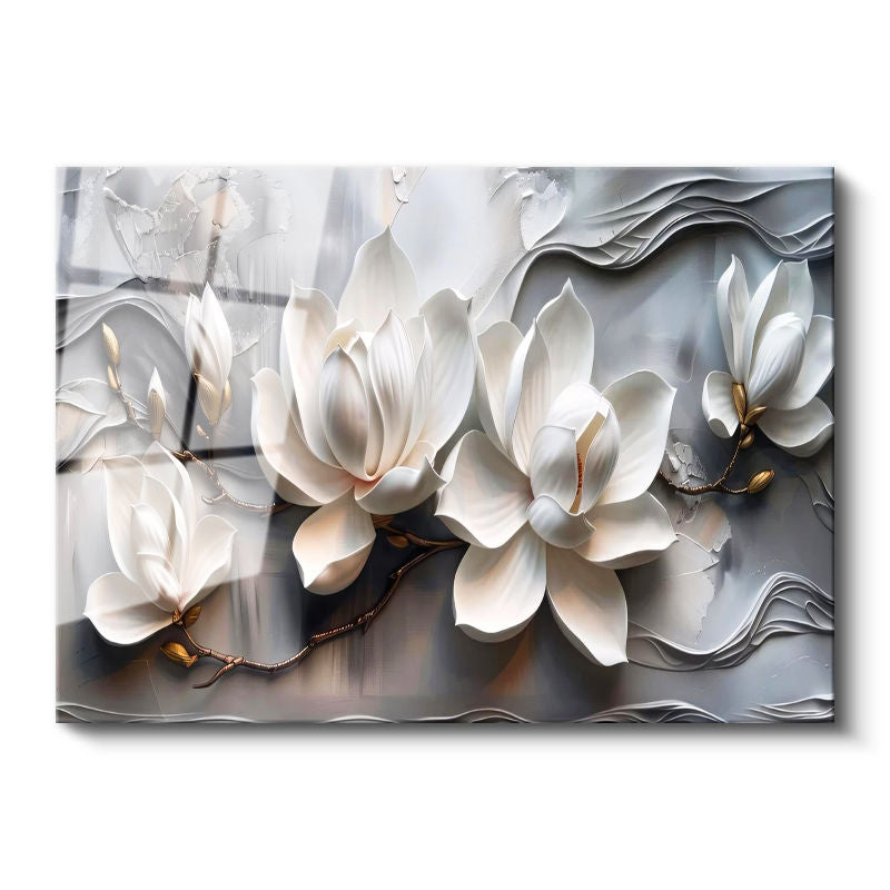 Tamperli Gerçek Cam Tablo Kabartma Görünümlü Manolyalar Çiçek Tablosu Duvar Dekoru