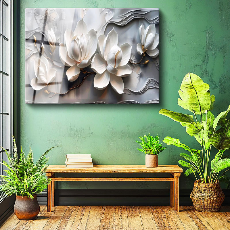 Tamperli Gerçek Cam Tablo Kabartma Görünümlü Manolyalar Çiçek Tablosu Duvar Dekoru