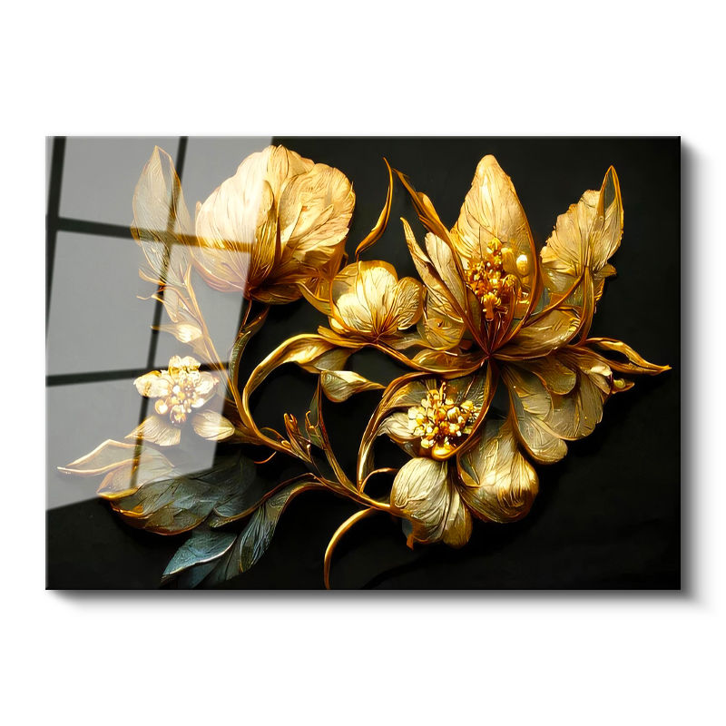 Tamperli Gerçek Cam Tablo Metalik Görünümlü Çiçekler Çiçek Tablosu Duvar Dekoru