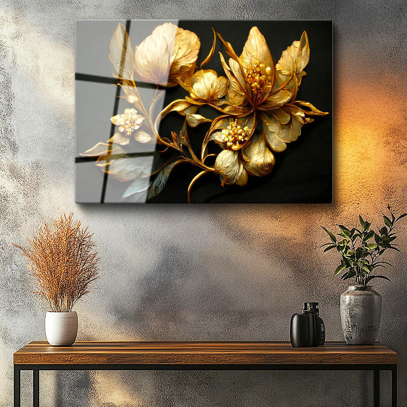Tamperli Gerçek Cam Tablo Metalik Görünümlü Çiçekler Çiçek Tablosu Duvar Dekoru