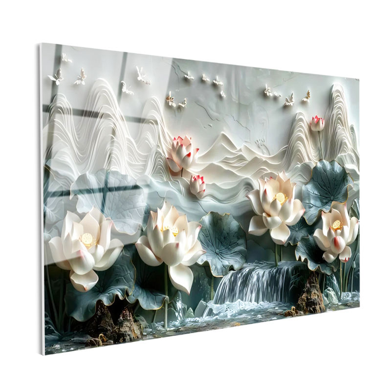 Tamperli Gerçek Cam Tablo Nilüfer ve Şelale Manzarası Çiçek Tablosu Duvar Dekoru