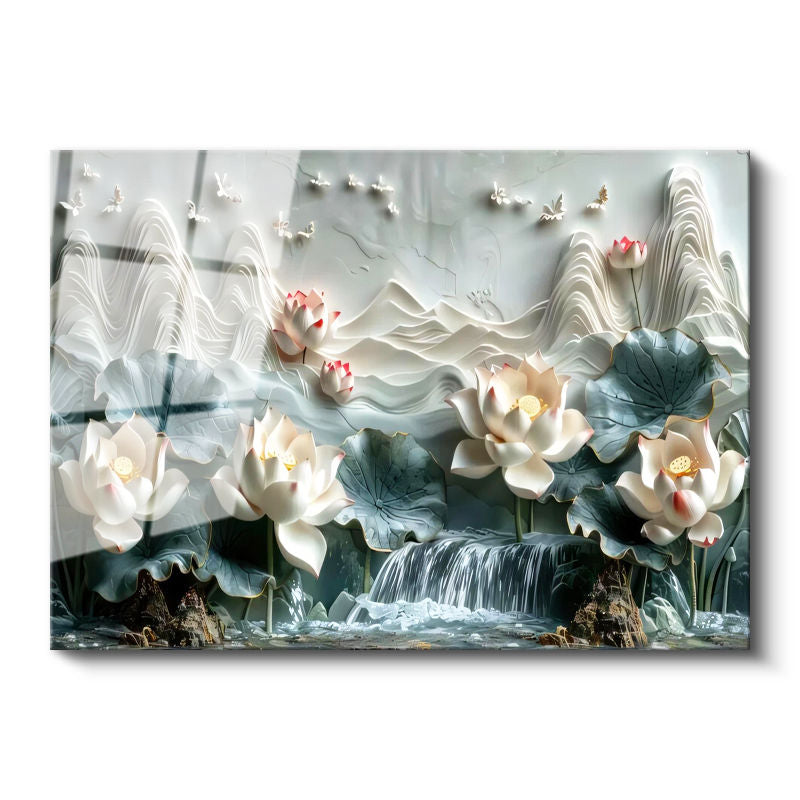 Tamperli Gerçek Cam Tablo Nilüfer ve Şelale Manzarası Çiçek Tablosu Duvar Dekoru
