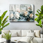 Tamperli Gerçek Cam Tablo Nilüfer ve Şelale Manzarası Çiçek Tablosu Duvar Dekoru