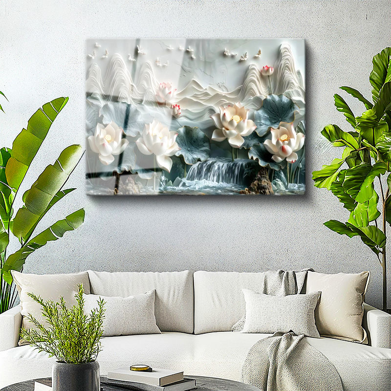 Tamperli Gerçek Cam Tablo Nilüfer ve Şelale Manzarası Çiçek Tablosu Duvar Dekoru