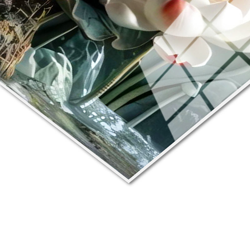 Tamperli Gerçek Cam Tablo Nilüfer ve Şelale Manzarası Çiçek Tablosu Duvar Dekoru