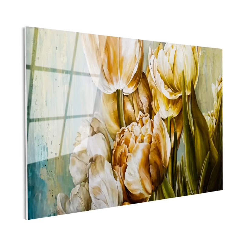 Tamperli Gerçek Cam Tablo Lale Buketi Çiçek Tablosu Duvar Dekoru