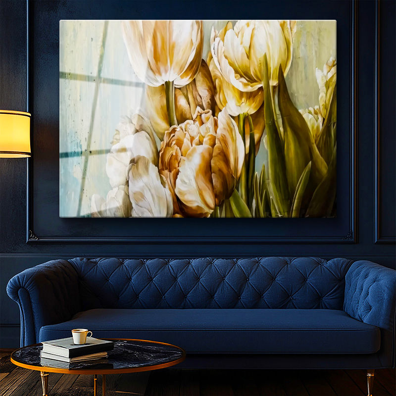Tamperli Gerçek Cam Tablo Lale Buketi Çiçek Tablosu Duvar Dekoru