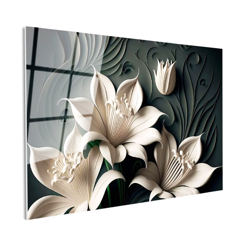 Tamperli Gerçek Cam Tablo Kabartma Görünümlü Lilyum Çiçek Tablosu Duvar Dekoru