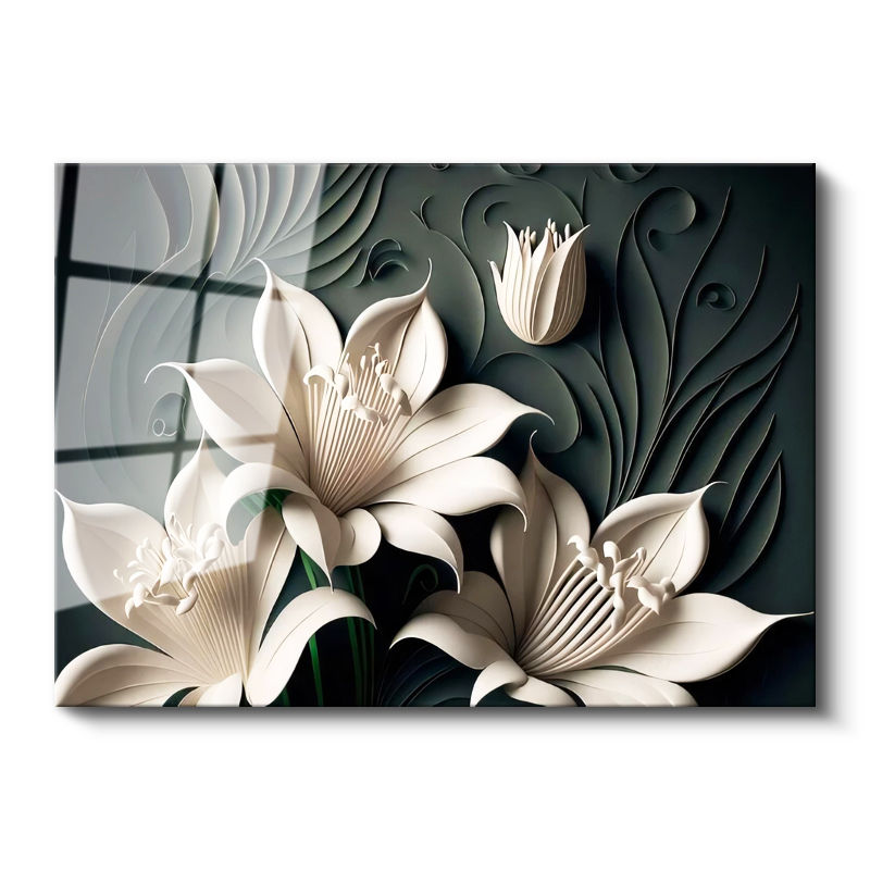 Tamperli Gerçek Cam Tablo Kabartma Görünümlü Lilyum Çiçek Tablosu Duvar Dekoru