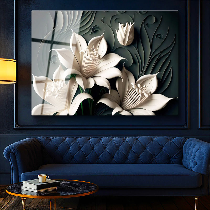 Tamperli Gerçek Cam Tablo Kabartma Görünümlü Lilyum Çiçek Tablosu Duvar Dekoru