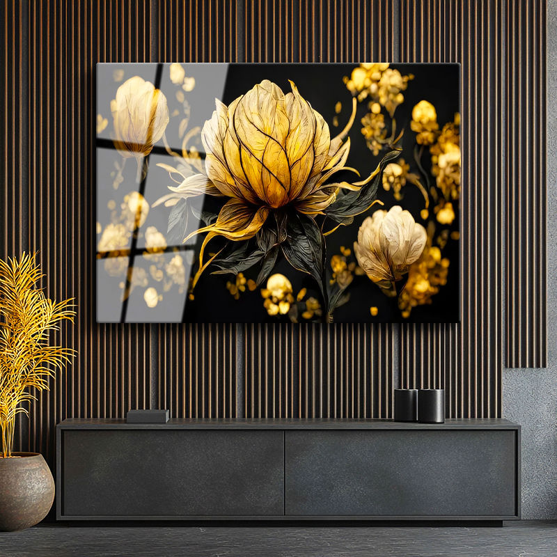 Tamperli Gerçek Cam Tablo Tekli Büyük Çiçek Çiçek Tablosu Duvar Dekoru