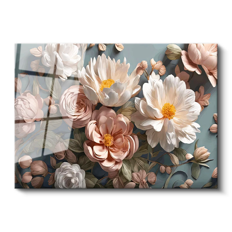 Tamperli Gerçek Cam Tablo Şakayık ve Tomurcuklar Çiçek Tablosu Duvar Dekoru