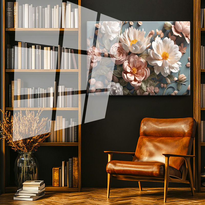 Tamperli Gerçek Cam Tablo Şakayık ve Tomurcuklar Çiçek Tablosu Duvar Dekoru