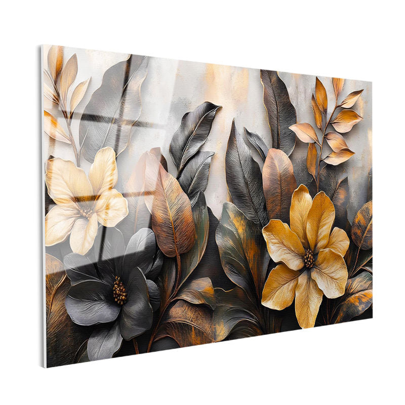 Tamperli Gerçek Cam Tablo Katmanlı Yapraklar ve Çiçekler Çiçek Tablosu Duvar Dekoru