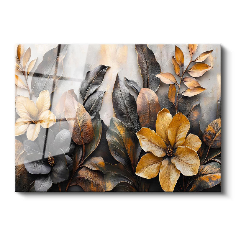 Tamperli Gerçek Cam Tablo Katmanlı Yapraklar ve Çiçekler Çiçek Tablosu Duvar Dekoru